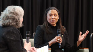 Dr. Jeanette Epps and Sharon Kinsman Salmon discussing space exploration and leadership on stage