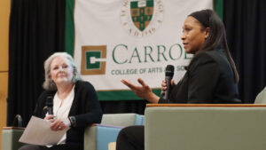 Dr. Jeanette Epps and Sharon Kinsman Salmon discussing space exploration and leadership on stage