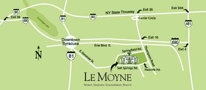 Map showing location of Le&nbsp;Moyne College in relation to major Syracuse highways